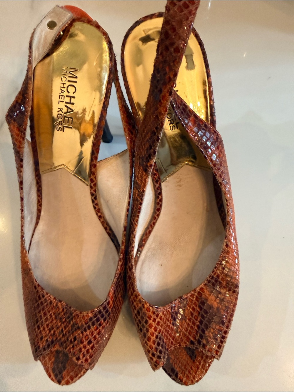 Michael Kors Brown Snake-Embossed Slingback Peep-Toe Heels